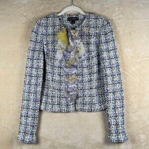 St. John Tweed Jacket Women Size 2 Blue Purple Yellow Ruffle Bow Blazer